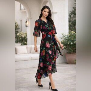 Joseph Ribkoff Floral Wrap Midi Dress Black Multicolor Size 8 Elegant Chic